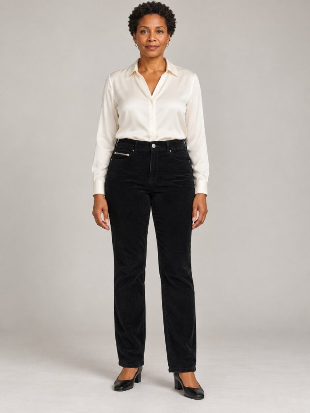 Chico's Black Corduroy Straight Leg Pants Size 0 Zip Pocket Preppy Style